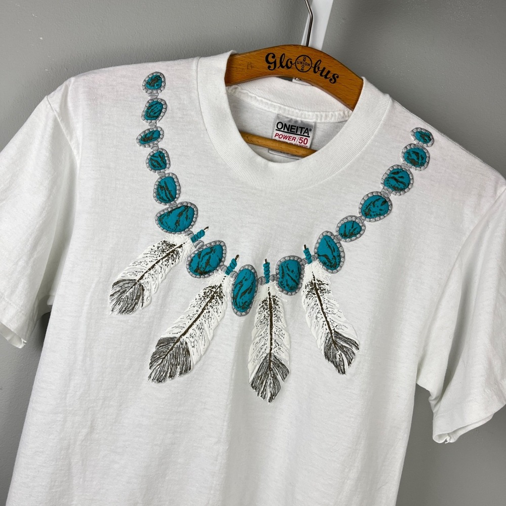 Vintage Oneita L Native American Puffy Graphic T-Shirt Turquoise Feathers‎